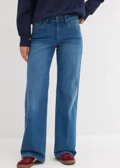 bonprix Bekleidung·Shirts & Tops|Nachhaltigere Materialien^Wide-Leg-Jeans Mid Waist Bio- Baumwolle blau denim used