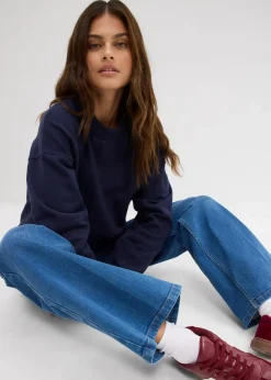 bonprix Bekleidung·Shirts & Tops|Nachhaltigere Materialien^Wide-Leg-Jeans Mid Waist Bio- Baumwolle blau denim used