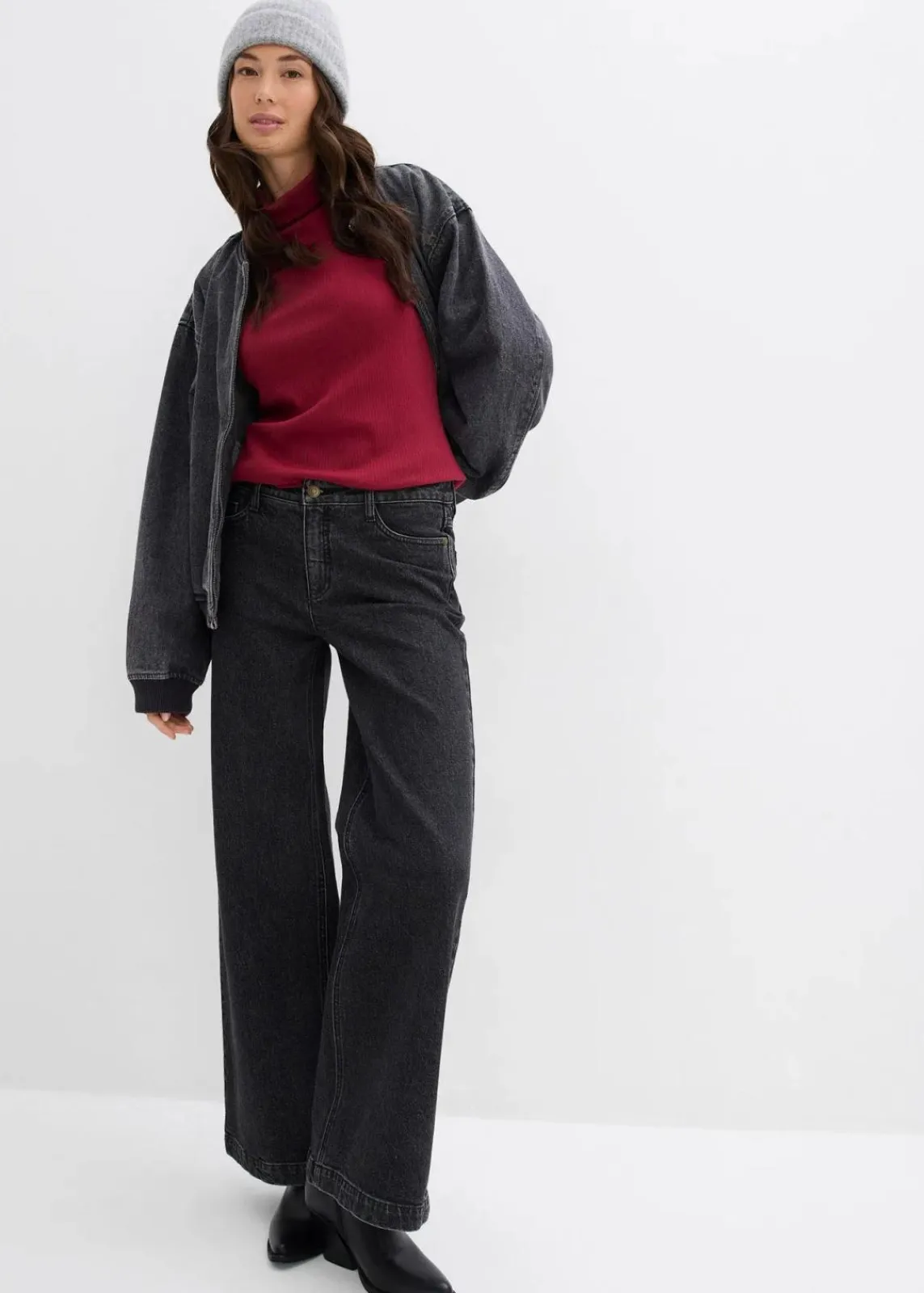 bonprix Jeans|Bekleidung·Shirts & Tops^Wide-Leg-Jeans, Mid Waist, Full Length dunkelgrau denim used