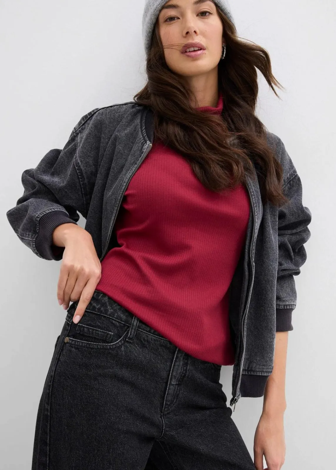 bonprix Jeans|Bekleidung·Shirts & Tops^Wide-Leg-Jeans, Mid Waist, Full Length dunkelgrau denim used