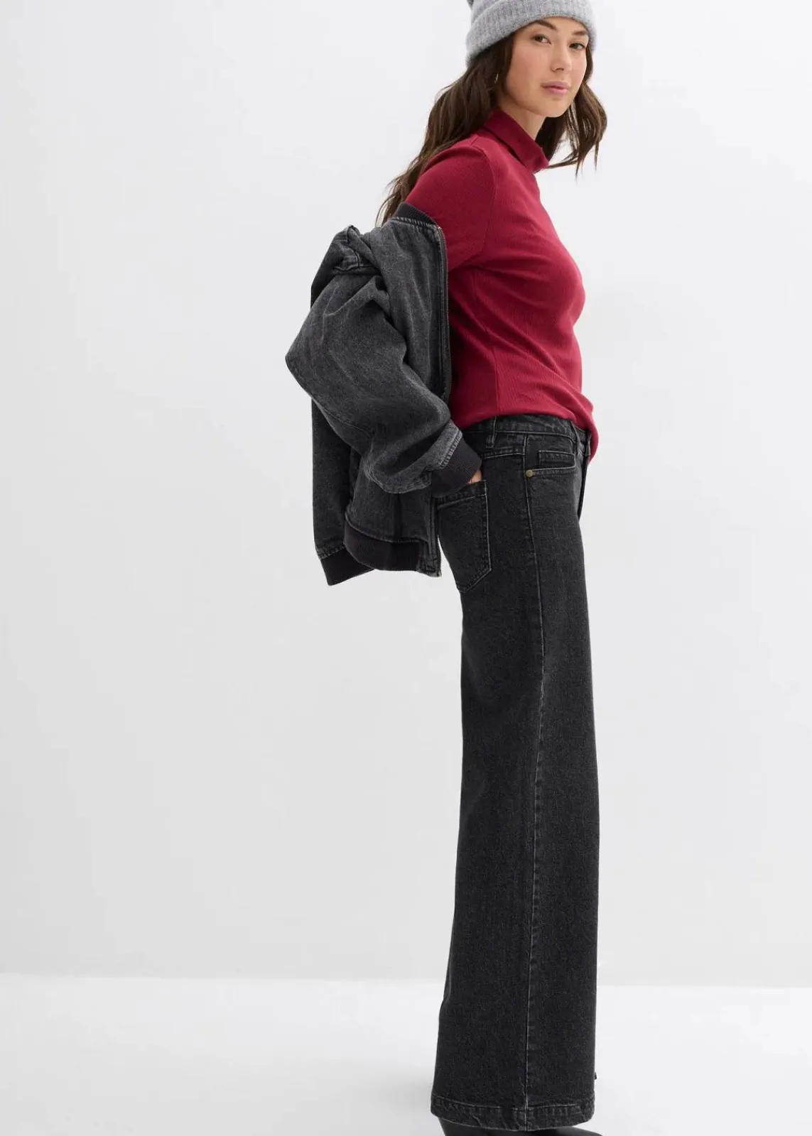 bonprix Jeans|Bekleidung·Shirts & Tops^Wide-Leg-Jeans, Mid Waist, Full Length dunkelgrau denim used