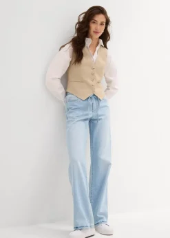 bonprix Kurzgrößen|Bekleidung·Shirts & Tops^Wide-Leg-Jeans, Mid Waist, Gürtel eisblau denim used