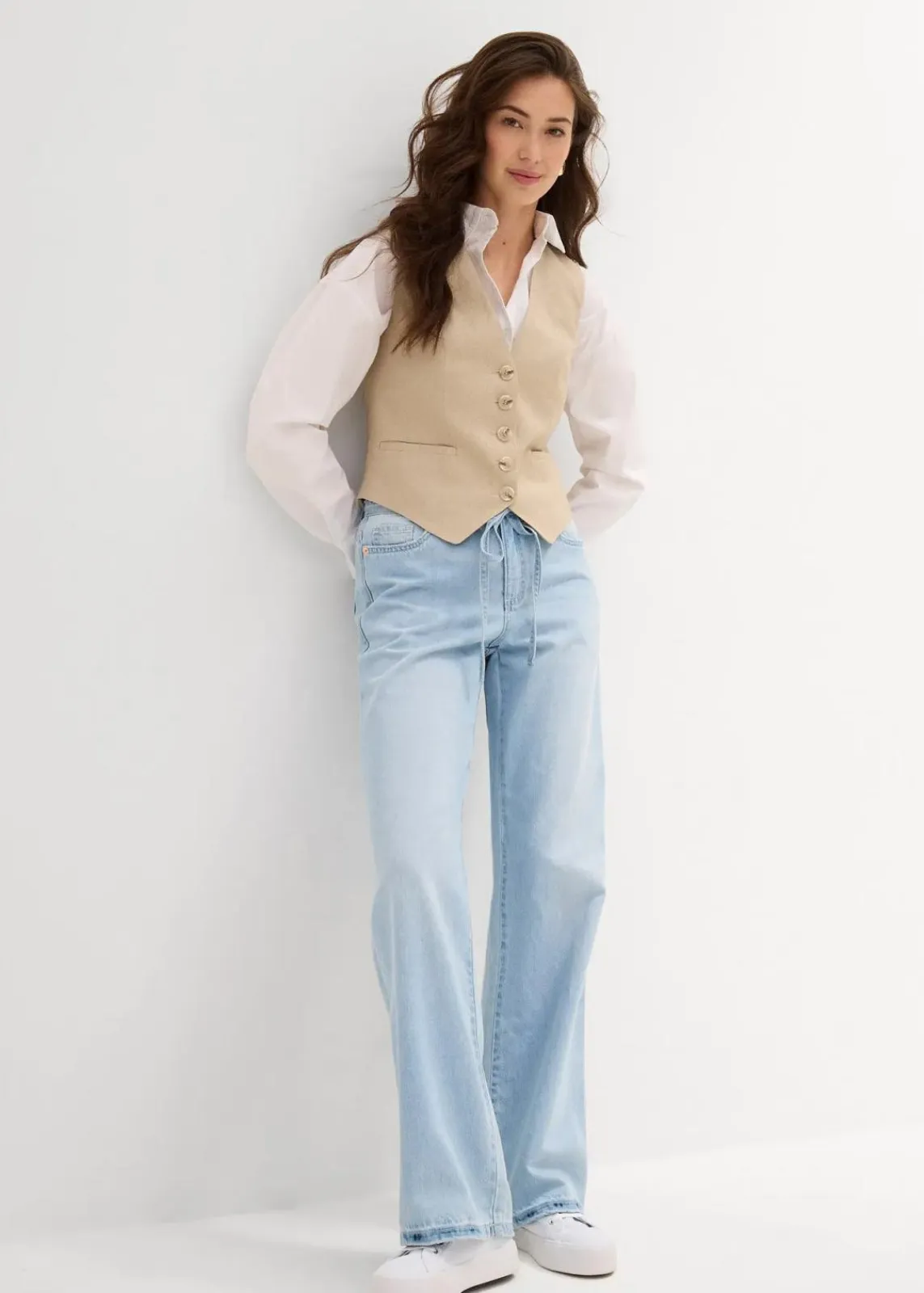 bonprix Kurzgrößen|Bekleidung·Shirts & Tops^Wide-Leg-Jeans, Mid Waist, Gürtel eisblau denim used
