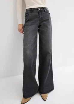 bonprix Jeans|Kurzgrößen^Wide-Leg-Jeans, Mid Waist, Low Stretch Full Length schwarz denim used