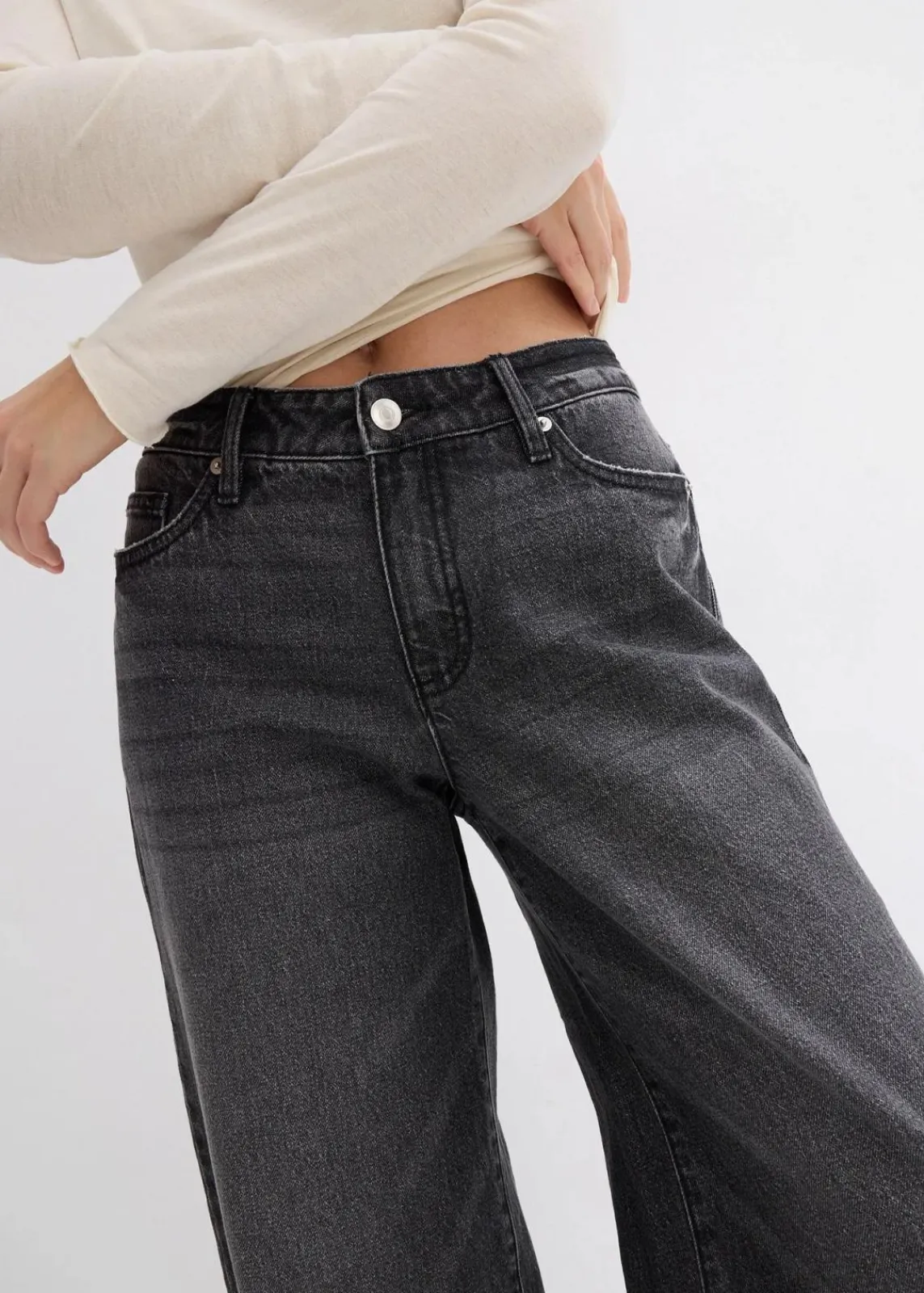 bonprix Jeans|Kurzgrößen^Wide-Leg-Jeans, Mid Waist, Low Stretch Full Length schwarz denim used