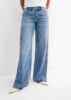 bonprix Bekleidung·Shirts & Tops|Jeans^Wide-Leg-Jeans Mid Waist, Low Stretch blau denim used