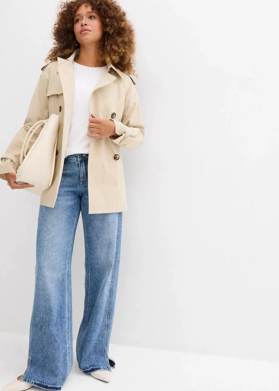 bonprix Bekleidung·Shirts & Tops|Jeans^Wide-Leg-Jeans Mid Waist, Low Stretch blau denim used
