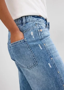 bonprix Bekleidung·Shirts & Tops|Jeans^Wide-Leg-Jeans Mid Waist, Low Stretch blau denim used