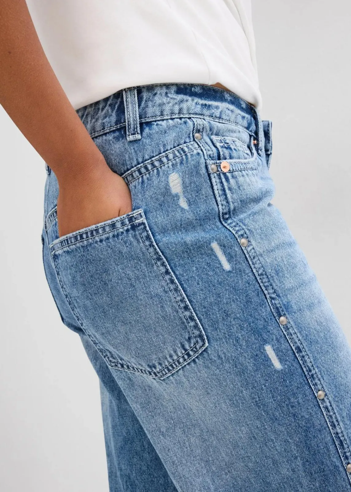 bonprix Bekleidung·Shirts & Tops|Jeans^Wide-Leg-Jeans Mid Waist, Low Stretch blau denim used