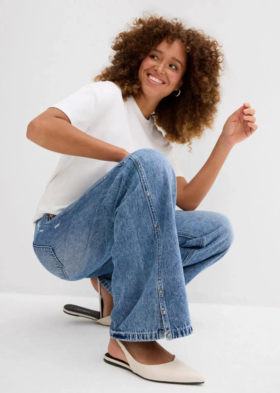 bonprix Bekleidung·Shirts & Tops|Jeans^Wide-Leg-Jeans Mid Waist, Low Stretch blau denim used