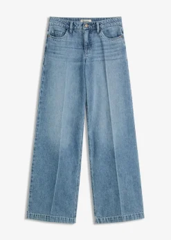 bonprix Kurzgrößen|Bekleidung·Shirts & Tops^Wide-Leg-Jeans Mid Waist, Low Stretch Full Length blau denim used
