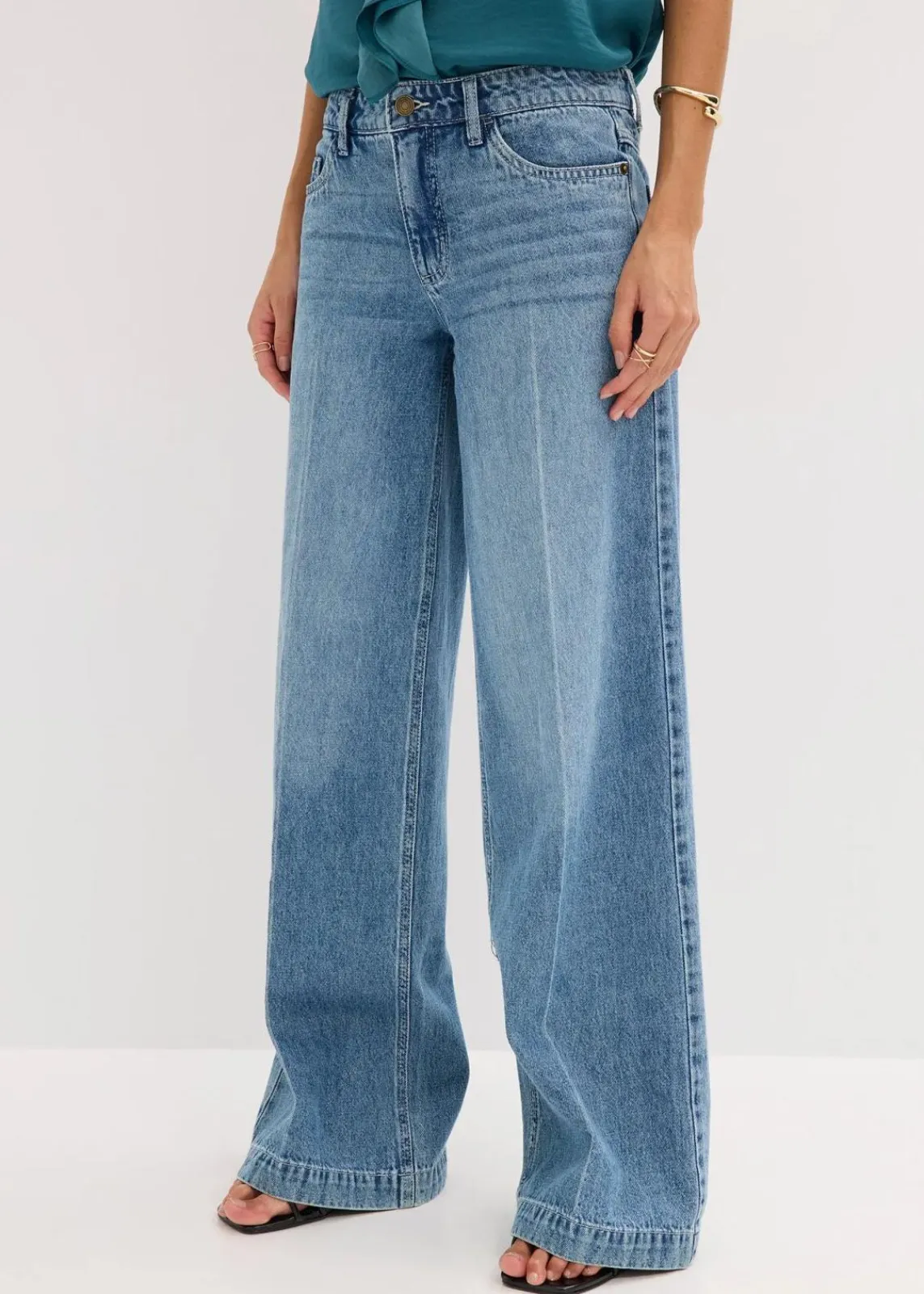 bonprix Kurzgrößen|Bekleidung·Shirts & Tops^Wide-Leg-Jeans Mid Waist, Low Stretch Full Length blau denim used