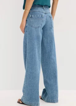 bonprix Kurzgrößen|Bekleidung·Shirts & Tops^Wide-Leg-Jeans Mid Waist, Low Stretch Full Length blau denim used