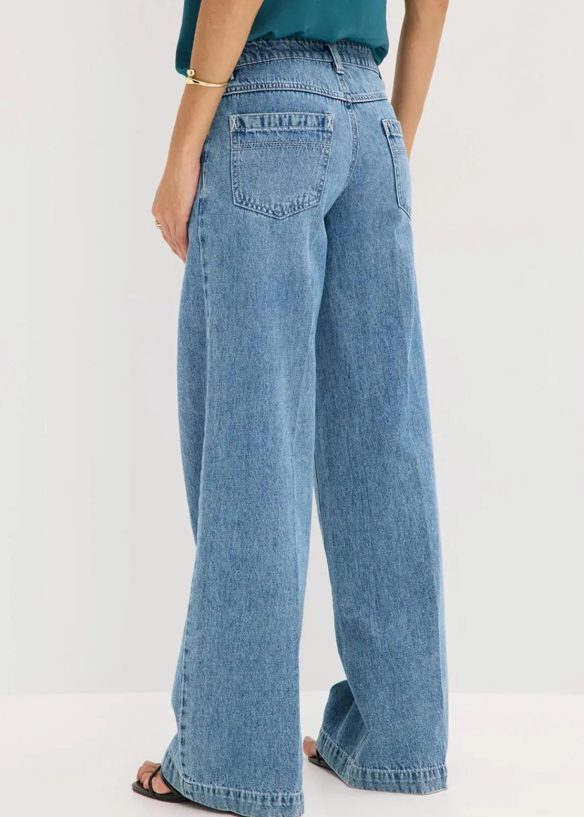 bonprix Kurzgrößen|Bekleidung·Shirts & Tops^Wide-Leg-Jeans Mid Waist, Low Stretch Full Length blau denim used
