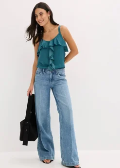 bonprix Kurzgrößen|Bekleidung·Shirts & Tops^Wide-Leg-Jeans Mid Waist, Low Stretch Full Length blau denim used