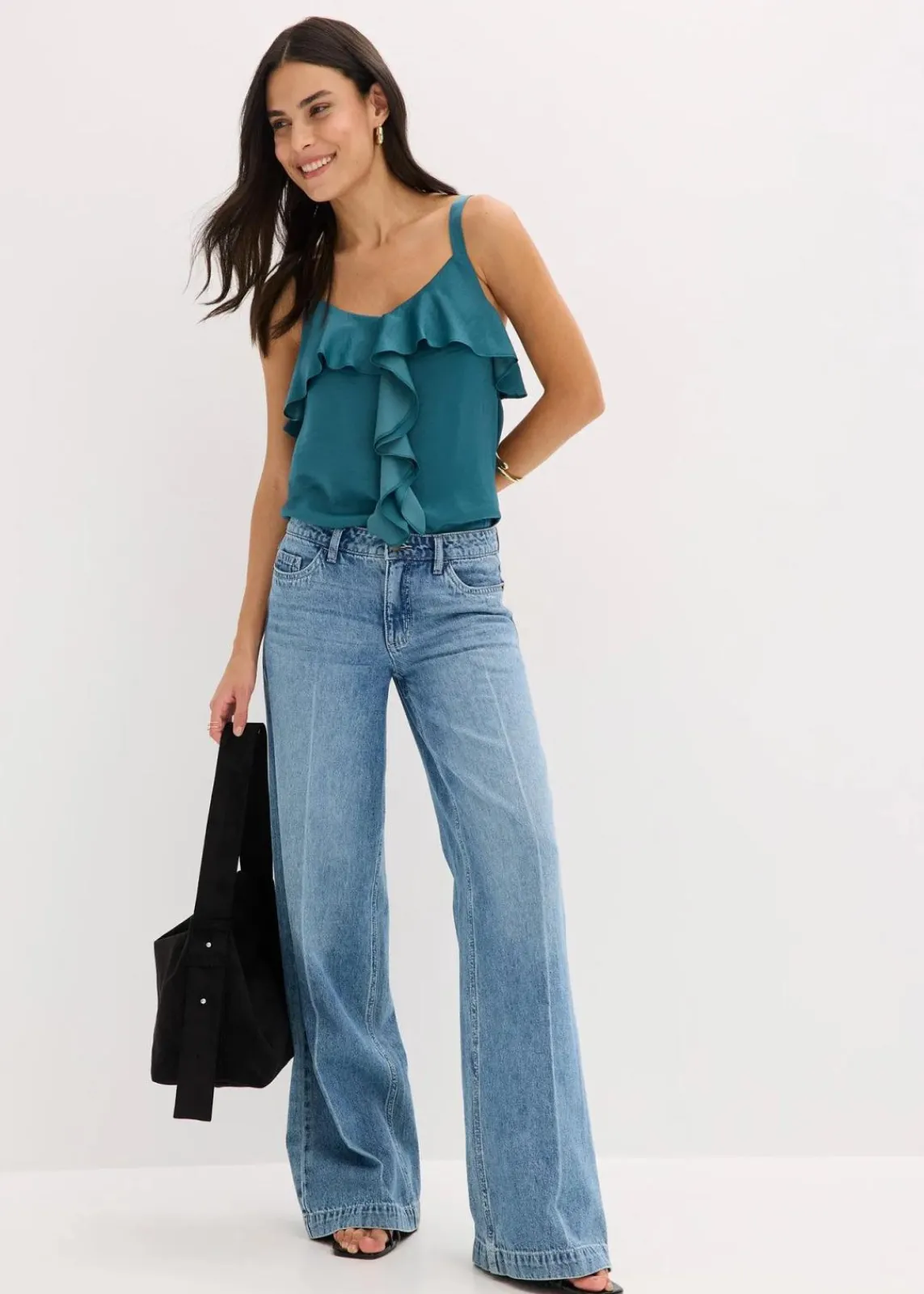 bonprix Kurzgrößen|Bekleidung·Shirts & Tops^Wide-Leg-Jeans Mid Waist, Low Stretch Full Length blau denim used