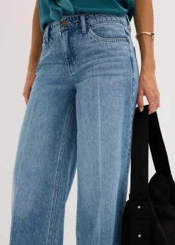 bonprix Kurzgrößen|Bekleidung·Shirts & Tops^Wide-Leg-Jeans Mid Waist, Low Stretch Full Length blau denim used