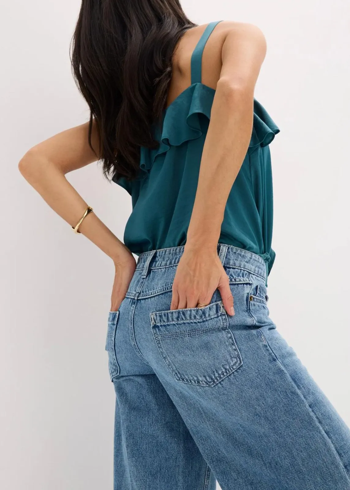 bonprix Kurzgrößen|Bekleidung·Shirts & Tops^Wide-Leg-Jeans Mid Waist, Low Stretch Full Length blau denim used