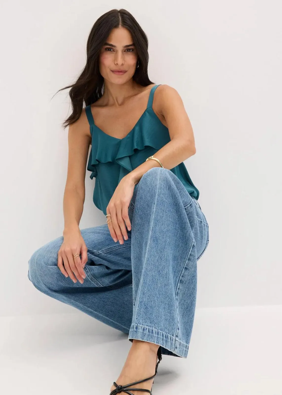 bonprix Kurzgrößen|Bekleidung·Shirts & Tops^Wide-Leg-Jeans Mid Waist, Low Stretch Full Length blau denim used