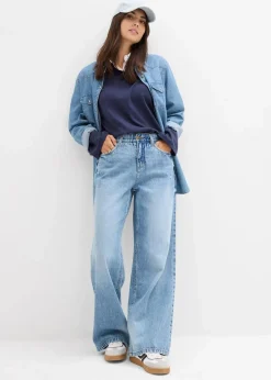 bonprix Jeans|Kurzgrößen^Wide-Leg-Jeans Mid Waist, Low Stretch hellblau denim used