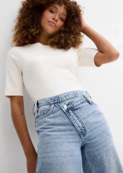 bonprix Jeans|Kurzgrößen^Wide-Leg-Jeans Mid Waist, Low Stretch eisblau denim used