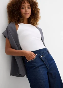 bonprix Kurzgrößen|Jeans^Wide-Leg-Jeans Mid Waist, Low Stretch tiefblau denim ungewaschen