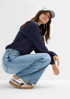 bonprix Kurzgrößen|Bekleidung·Shirts & Tops^Wide-Leg-Jeans Mid Waist, Low Stretch hellblau denim used
