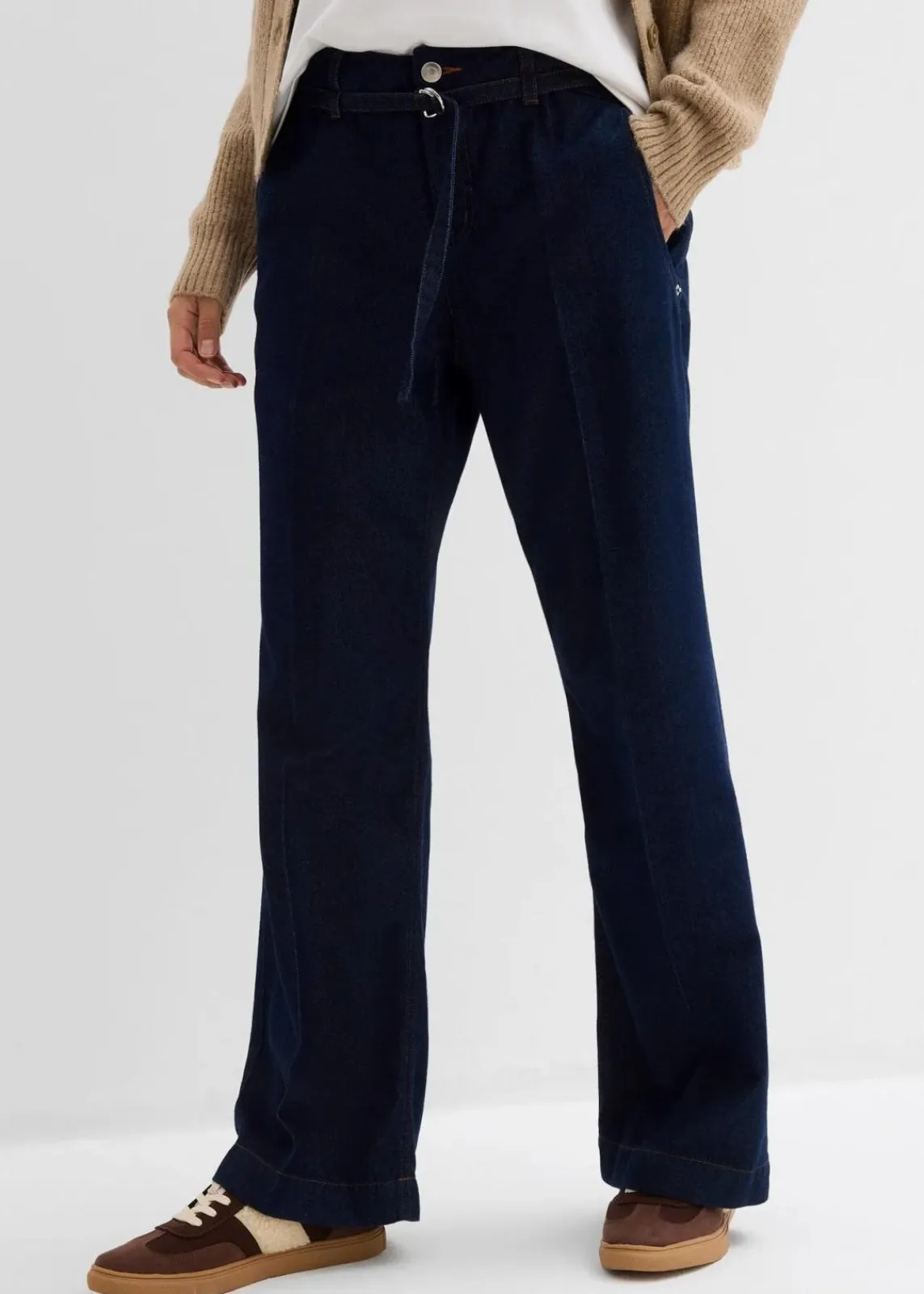 bonprix Bekleidung·Shirts & Tops|Jeans^Wide-Leg-Jeans Mid Waist mit Gürtel tiefblau denim ungewaschen