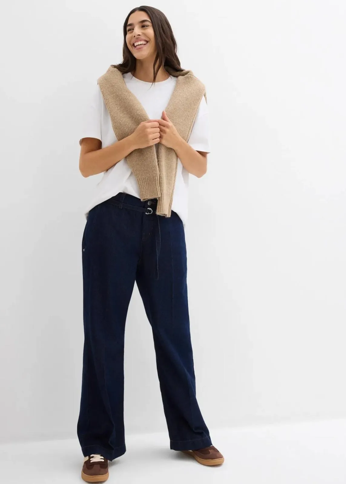 bonprix Bekleidung·Shirts & Tops|Jeans^Wide-Leg-Jeans Mid Waist mit Gürtel tiefblau denim ungewaschen