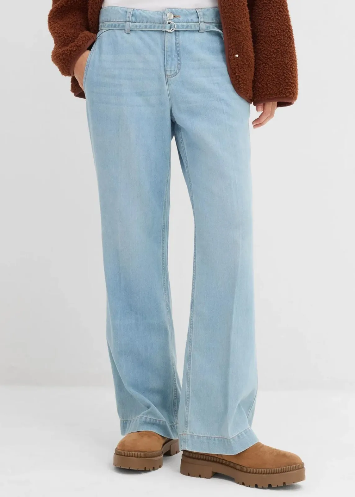 bonprix Jeans|Bekleidung·Shirts & Tops^Wide-Leg-Jeans Mid Waist mit Gürtel hellblau denim used