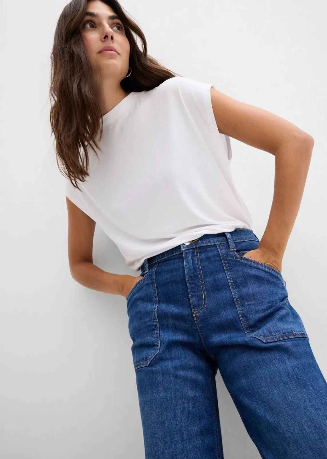 bonprix Bekleidung·Shirts & Tops|Jeans^Wide-Leg-Jeans Mid Waist mit aufgesetzten Taschen blau denim