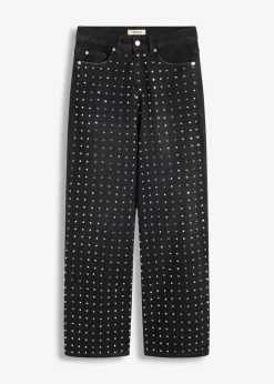 bonprix Bekleidung·Shirts & Tops|Jeans^Wide-Leg-Jeans Mid Waist mit Strassapplikation schwarz denim