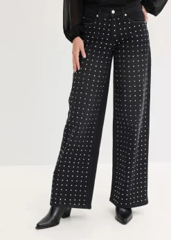 bonprix Bekleidung·Shirts & Tops|Jeans^Wide-Leg-Jeans Mid Waist mit Strassapplikation schwarz denim