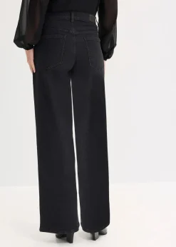 bonprix Bekleidung·Shirts & Tops|Jeans^Wide-Leg-Jeans Mid Waist mit Strassapplikation schwarz denim