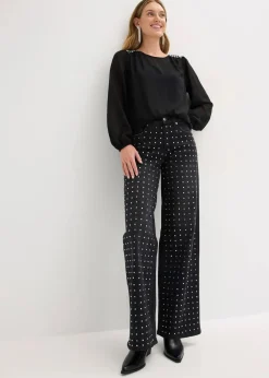 bonprix Bekleidung·Shirts & Tops|Jeans^Wide-Leg-Jeans Mid Waist mit Strassapplikation schwarz denim