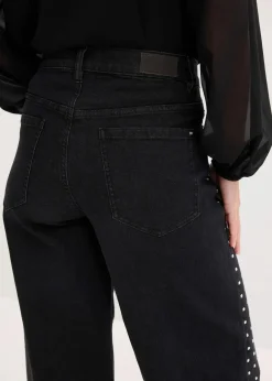 bonprix Bekleidung·Shirts & Tops|Jeans^Wide-Leg-Jeans Mid Waist mit Strassapplikation schwarz denim
