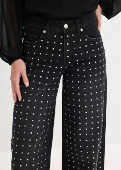 bonprix Bekleidung·Shirts & Tops|Jeans^Wide-Leg-Jeans Mid Waist mit Strassapplikation schwarz denim
