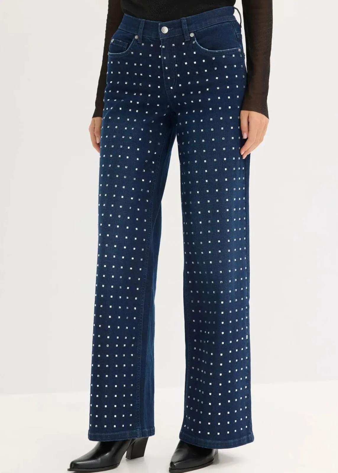 bonprix Jeans|Bekleidung·Shirts & Tops^Wide-Leg-Jeans Mid Waist mit Strassapplikation blau denim