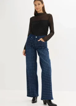 bonprix Jeans|Bekleidung·Shirts & Tops^Wide-Leg-Jeans Mid Waist mit Strassapplikation blau denim
