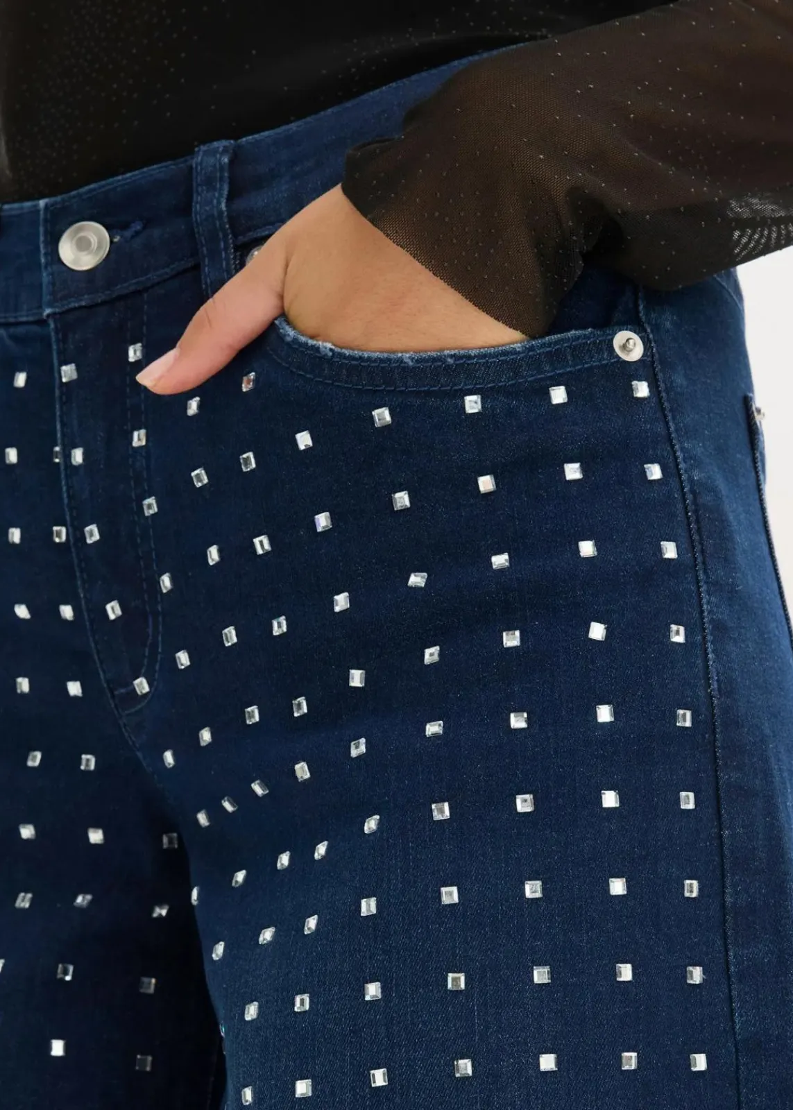 bonprix Jeans|Bekleidung·Shirts & Tops^Wide-Leg-Jeans Mid Waist mit Strassapplikation blau denim