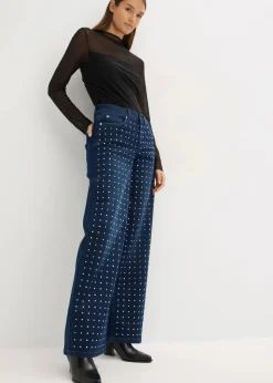 bonprix Jeans|Bekleidung·Shirts & Tops^Wide-Leg-Jeans Mid Waist mit Strassapplikation blau denim