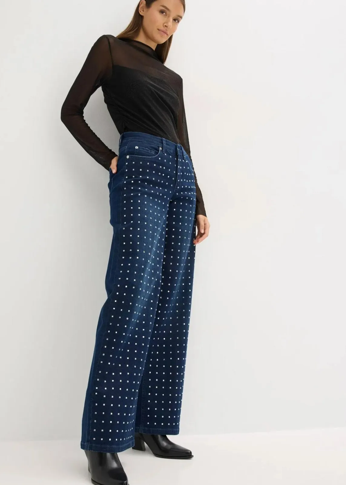 bonprix Jeans|Bekleidung·Shirts & Tops^Wide-Leg-Jeans Mid Waist mit Strassapplikation blau denim