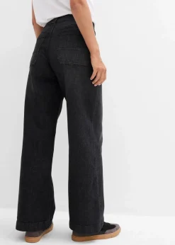 bonprix Jeans|Bekleidung·Shirts & Tops^Wide-Leg-Jeans Mid Waist mit aufgesetzten Taschen schwarz denim used