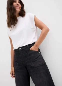 bonprix Jeans|Bekleidung·Shirts & Tops^Wide-Leg-Jeans Mid Waist mit aufgesetzten Taschen schwarz denim used