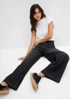 bonprix Jeans|Bekleidung·Shirts & Tops^Wide-Leg-Jeans Mid Waist mit aufgesetzten Taschen schwarz denim used