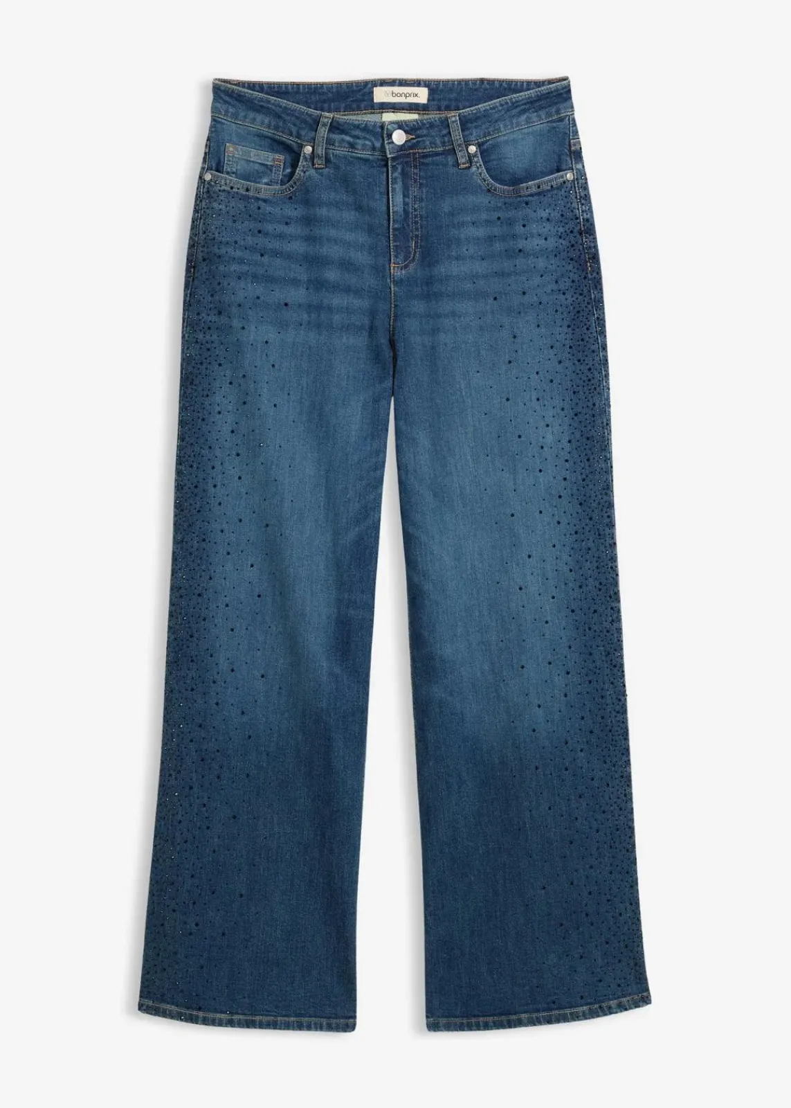 bonprix Kurzgrößen|Bekleidung·Shirts & Tops^Wide-Leg-Jeans Mid Waist mit Glitzersteinen blau denim used