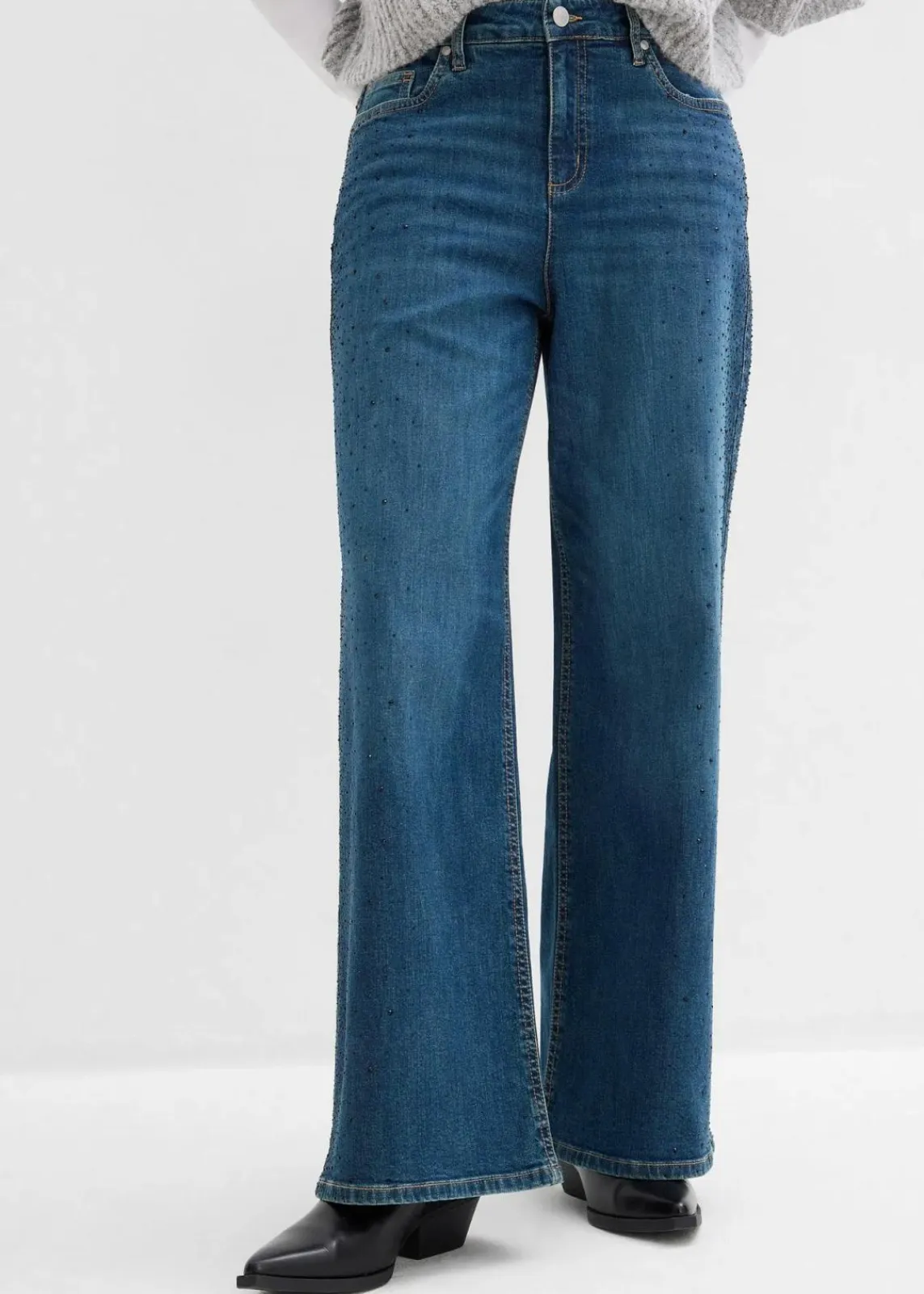 bonprix Kurzgrößen|Bekleidung·Shirts & Tops^Wide-Leg-Jeans Mid Waist mit Glitzersteinen blau denim used