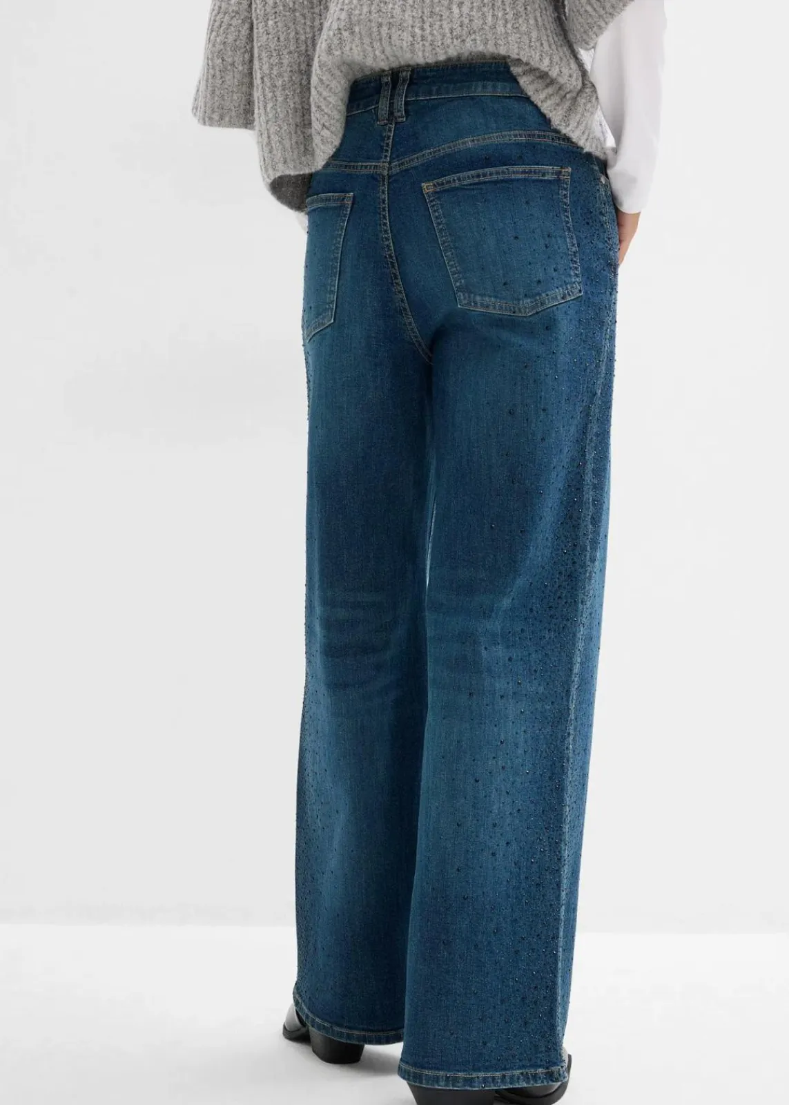 bonprix Kurzgrößen|Bekleidung·Shirts & Tops^Wide-Leg-Jeans Mid Waist mit Glitzersteinen blau denim used