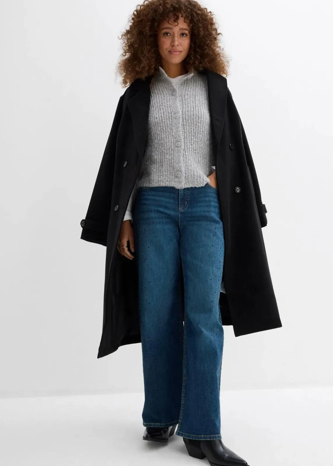 bonprix Kurzgrößen|Bekleidung·Shirts & Tops^Wide-Leg-Jeans Mid Waist mit Glitzersteinen blau denim used