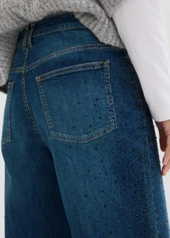 bonprix Kurzgrößen|Bekleidung·Shirts & Tops^Wide-Leg-Jeans Mid Waist mit Glitzersteinen blau denim used